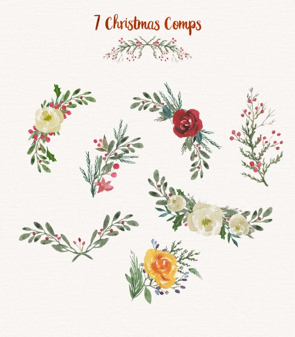 CHRISTMAS WATERCOLOR watercolour pattern card, holiday, christmas bouquet, christmas card